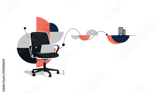 black-and-white desk chair with a laptop and coffee mug, abstract semicircles and dotted lines connecting the workspace to a distant office icon, coral and