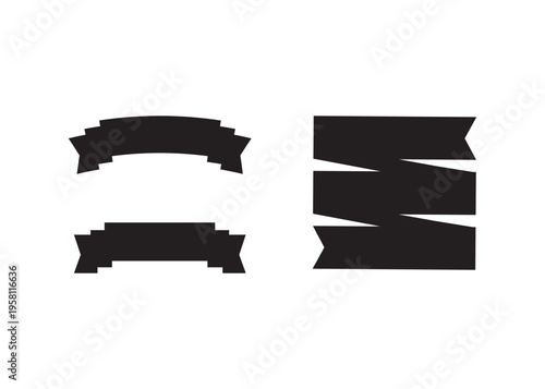 Two black ribbon banners and two stacked ribbons for design, isolated silhouettes on white background, vector graphic elements for labels and headers