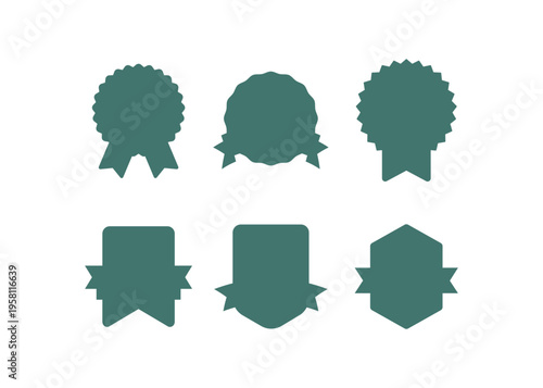 Collection of six teal badges and ribbons, vector silhouettes for awards and certificates, isolated on white background, graphic design elements