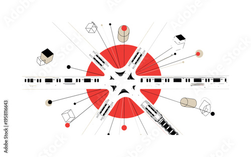 top view of intersecting subway lines forming a transportation network map, black and white retro train cars and tracks cut out with white contour outline,