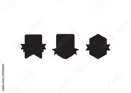 Three black shield or hexagonal shapes with ribbon tails, vector silhouettes for awards and labels, isolated on white background, graphic design elements