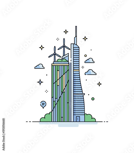 Sustainable skyscraper futuristic tower with vertical greenery lines and wind turbine icons near the rooftop suggesting renewable energy integration. The