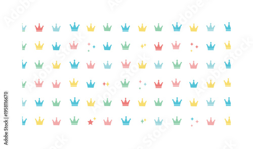 tiny crowns and stars seamless pattern, repeating pattern, surface design, textile print, soft color palette, modern illustration, flat vector miniature crowns
