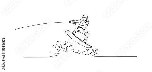 Jumping Wakeboarder. Minimalistic one-line drawing wakeboarder in mid-air performing a jump trick above the water, continuous single black line on white