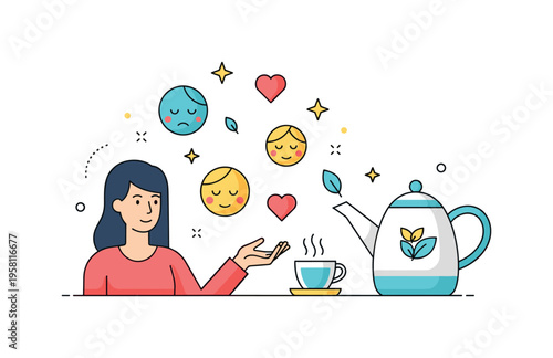 Balanced emotional intelligence shown by a person calmly observing floating icons of faces, hearts, and tiny stars, subtle decorative dots suggesting
