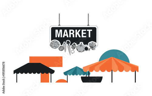 monochrome hanging market sign with vegetables illustrated beneath it, cut-out collage sign with white outline, geometric rectangles and semicircles suggesting