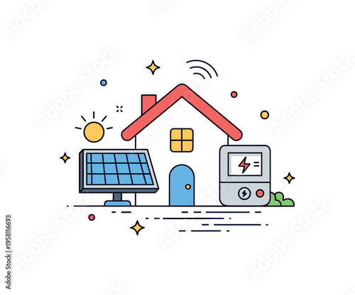 Smart home energy management house with solar panel icon and energy meter surrounded by small signal lines suggesting optimized power use and intelligent