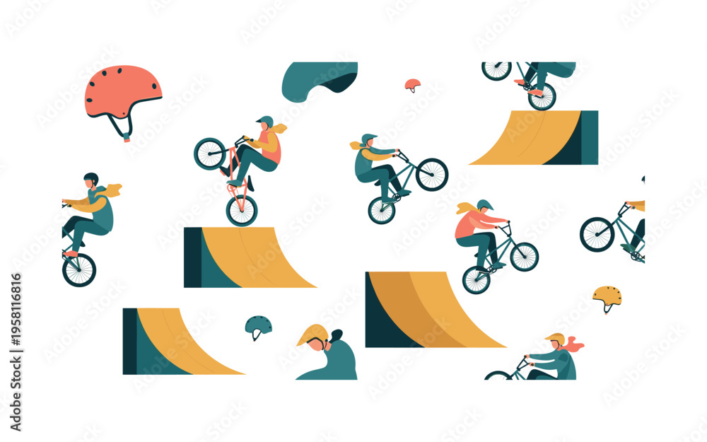 Fototapeta premium BMX jump and trick scene seamless pattern, bikers mid-air performing stunts, wheelies, grabs, ramps and helmets arranged in a repeating pattern,