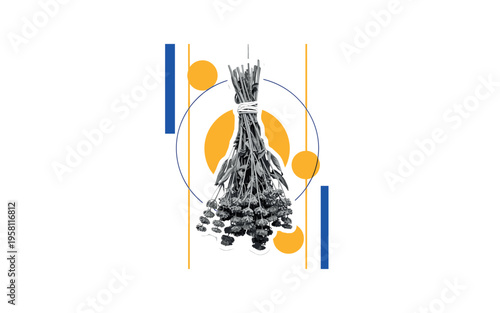 retro style collage of dried herb bundle hanging upside down for magical preparation, monochrome realistic herbs with white cut-out outline, geometric circles