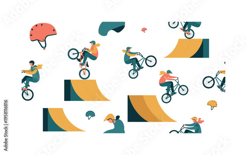BMX jump and trick scene seamless pattern, bikers mid-air performing stunts, wheelies, grabs, ramps and helmets arranged in a repeating pattern,