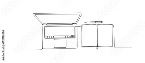 Creative Remote Desk. Minimalistic one-line drawing overhead view of laptop, sketchbook and pen arranged on desk surface, continuous single black line on white