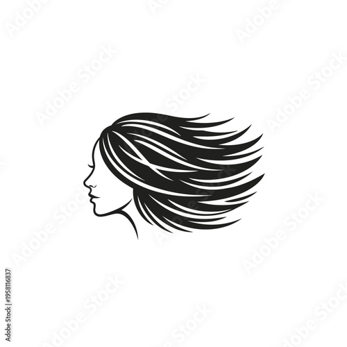 Woman's profile with long, flowing hair in motion illustration