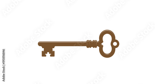 Vintage brass skeleton key flat illustration on white background
