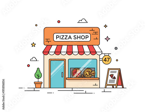 Pizza shop tiny storefront adorable mini pizza shop with a few colorful pizzas displayed in the window and a small signboard outside. Minimalist flat vector