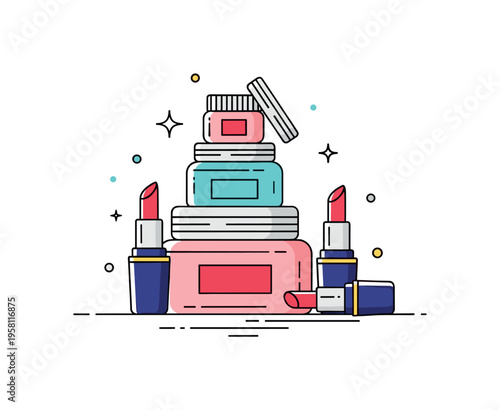 Stacked cosmetic jars and lipstick tubes forming a small feature badge, showing compact organization and stylish personal care essentials. Minimalist flat