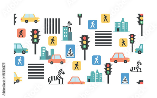 pedestrian safety crossing zebra stripes traffic lights walking icons and city cars illustrated as street safety motifs, flat vector friendly shapes, saturated
