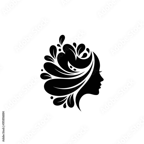 Woman's profile silhouette with flowing leaf hair design
