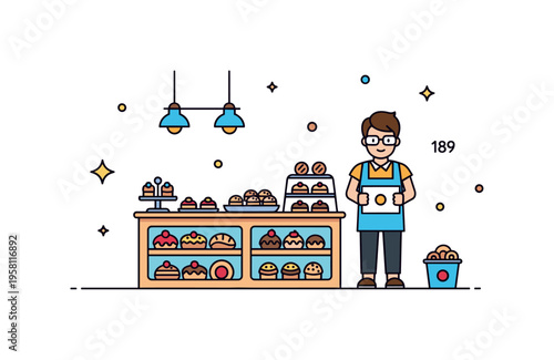 Mini baking kitchen cute tiny bakery scene with a small counter, pastries, and gentle decorative sparkles for a cozy feel. Minimalist flat vector illustration,