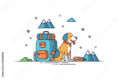 Dog traveling adventure happy dog sitting beside a backpack and leash while small mountain icons suggest outdoor exploration and hiking trips together. The