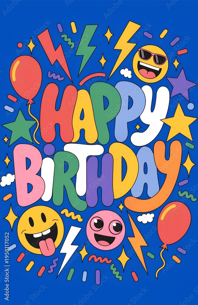 Fototapeta premium Colorful Happy Birthday Poster with Emojis Balloons and Lightning on Blue