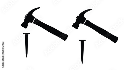Two hammers and nails displayed as a striking black silhouette