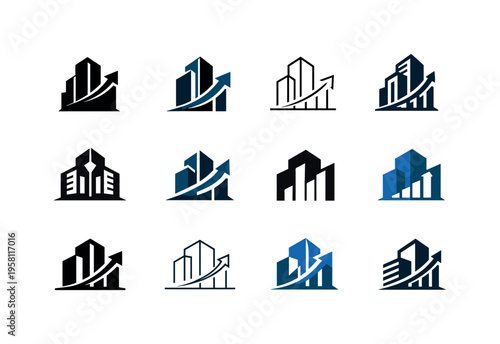 corporate finance. Icon set. Set Logo of corporate finance: building with graph. harmonious logo variations of the same emblematic concept, each with different
