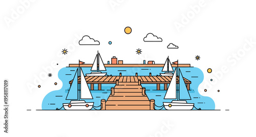 Harbor dock view centered on a wooden pier extending into the water with small sailboats moored along the sides. The illustration captures the