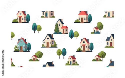 cute tiny house icons seamless pattern, repeating pattern, surface design, textile print, soft color palette, modern illustration, flat vector playful tiny