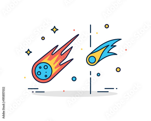 Comet and meteor contrast concept featuring a bold meteor with a short trail paired with a smaller comet icon with a curved tail, visually explaining different