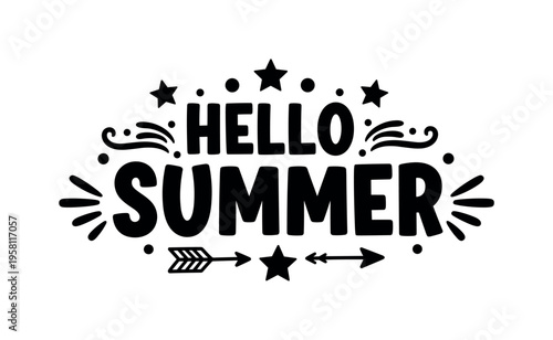 Hello Summer. lettering and all elements in black. Vector style. AWhite background. Pure white background. Perfect isolation and visual consistency. Bold