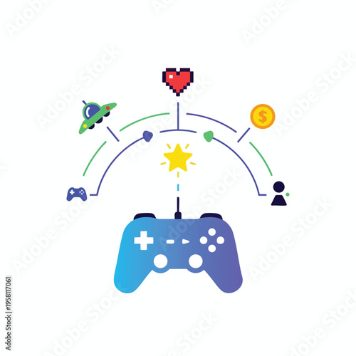 A digital illustration showing a game controller connecting to various game elements