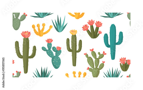 blooming desert cacti seamless pattern, repeating pattern, surface design, textile print, soft color palette, modern illustration, flat vector cacti with