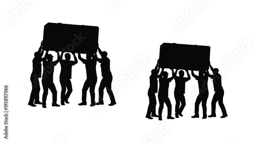 Group of people carrying a rectangular object a stark silhouette