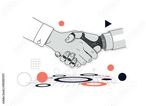 black-and-white human hand shaking a robotic hand over a digital canvas, abstract circles and grid lines symbolizing collaboration between human and AI