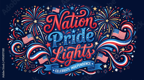 Vivid patriotic celebration of independence with colorful fireworks and waving flags emphasizing patriotism and national pride