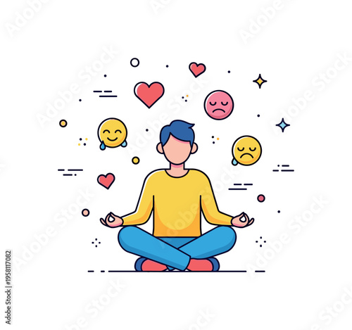 Mindful introspection showing a person sitting cross-legged with small floating hearts and expressive face icons, tiny motion lines and stars conveying calm