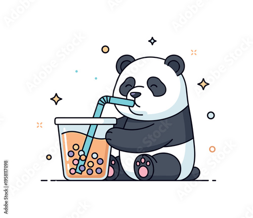 Panda enjoying boba tea friendly panda happily drinking bubble tea from a large cup filled with pearls and a wide straw. Minimalist flat vector illustration,