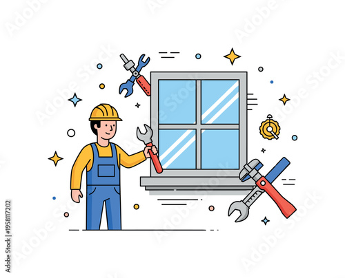 Professional window installers crew worker standing beside installed window while tools and small star icons highlight successful completion and quality