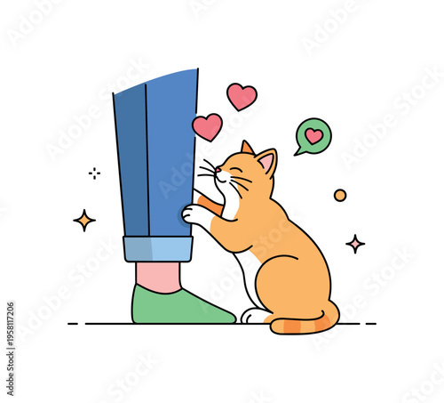 Pet cat affection showing a friendly cat rubbing against a person?s leg while small heart icons appear nearby. The composition captures warmth, companionship