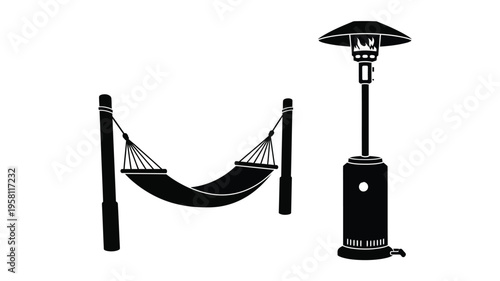 Outdoor relaxation scene featuring a hammock and patio heater silhouette