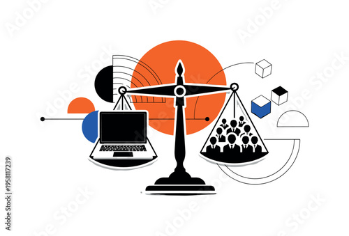 symbolic remote leadership composition with scales balancing a laptop and multiple team icons, black and white cut-out scale with white contour outline, bold