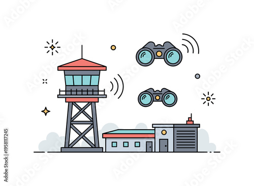 Military watchtower surveillance guard tower overlooking a secured base area while binocular icons and signal waves suggest active monitoring. Decorative spark