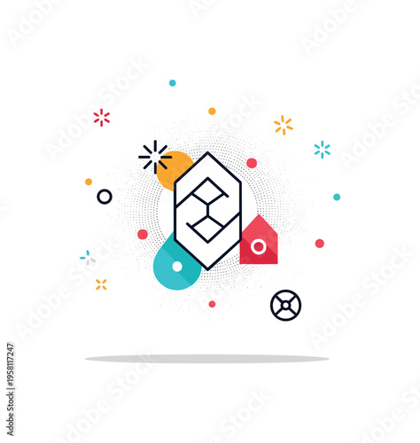 Grainy texture atmospheric background with a gentle dotted haze forming around a central geometric icon. The composition creates depth and softness often used