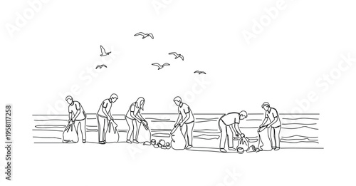Volunteer Beach Cleanup. Minimalistic one-line drawing people picking up trash on shore to protect marine life, continuous single black line on white