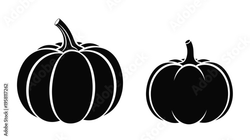 Two black pumpkins displayed side by side a striking silhouette