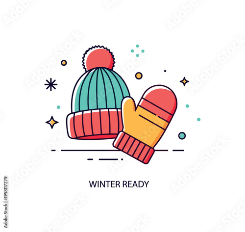 Warm winter gear knitted hat and thick mittens positioned together like a small protective emblem for cold temperatures. Subtle snow particles and a tiny text