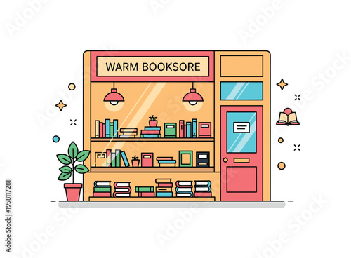 Warm bookstore window scene small bookstore shop with gentle glowing lights and books arranged in the display window creating a cozy literary mood. Minimalist