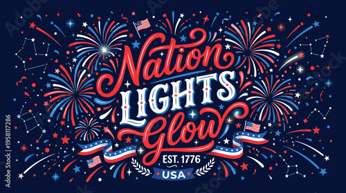 Celebration of Independence with a patriotic fireworks display and vibrant national pride symbols illuminating the night sky