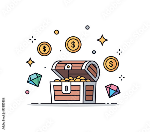 In game reward chest a playful treasure chest surrounded by floating coin and gem icons with sparkles suggesting valuable digital items and player progression