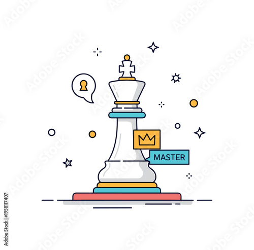 Master strategist concept featuring a chess king piece placed confidently on a board with a small crown badge labeled ?Master?. The scene represents high level